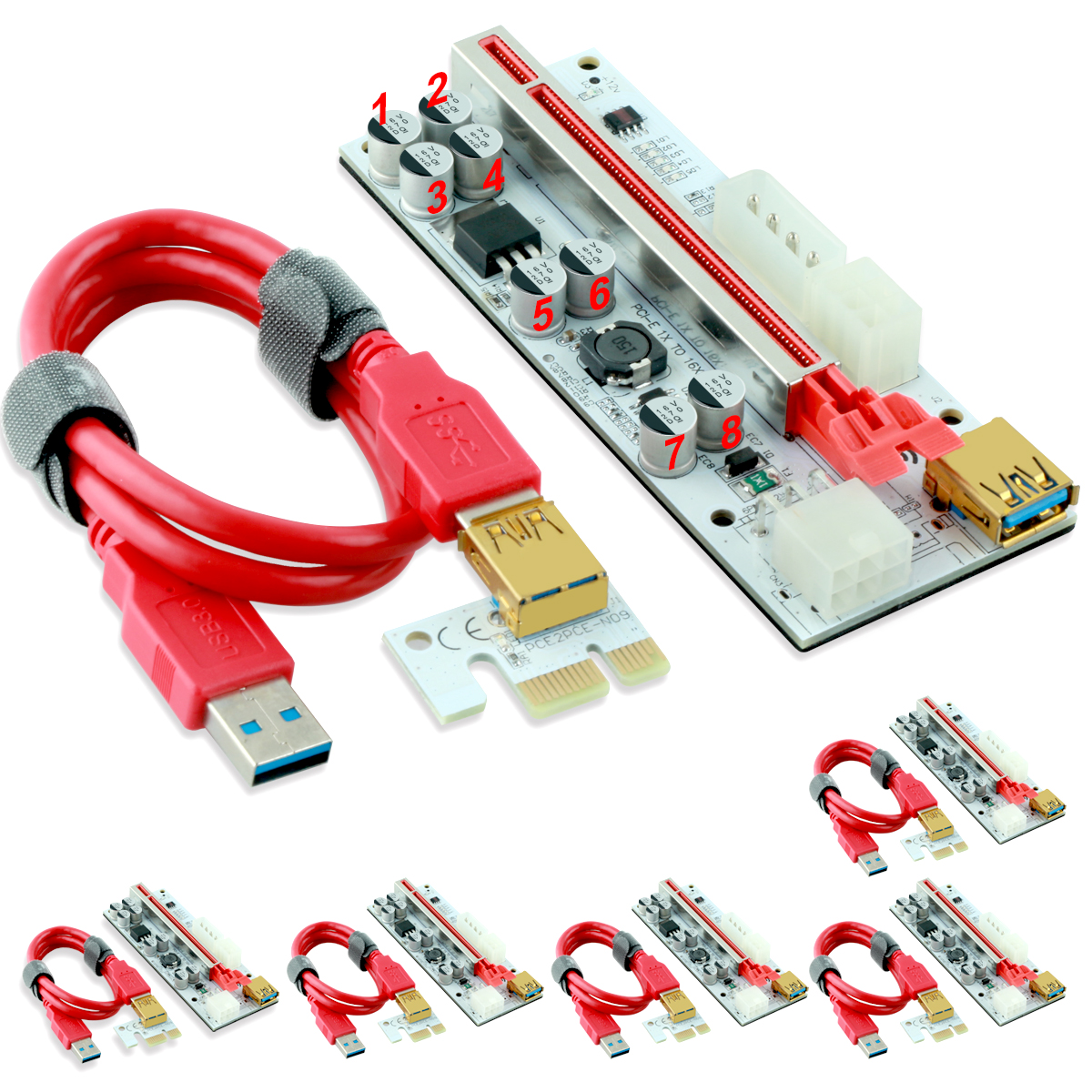 Ubit PCI-E Riser for Bitcoin Litecoin ETH Coin Mining Dual-6PIN+MOLEX Powered PCIE Extension Cable GPU Riser PCIEX1 to PCIE X16 GPU Riser